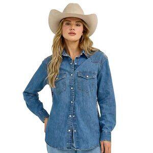 Gap 1969 Blue Horse Print Shoulder Side Pattern Trim Denim Western Shirt Size M